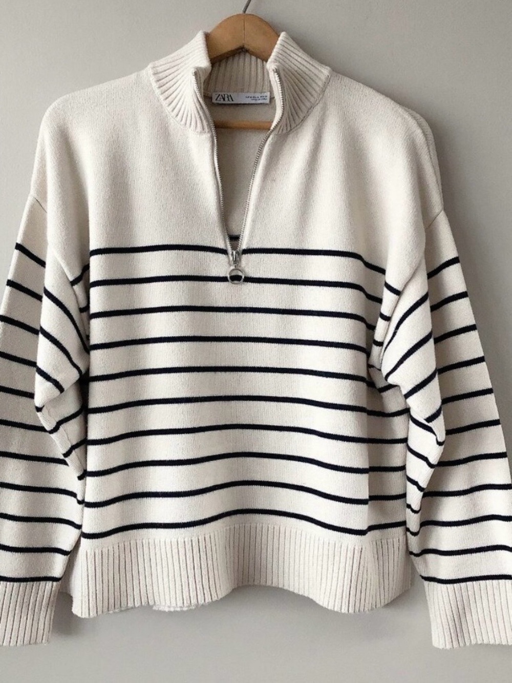 Zara Cream Pullover with Navy Stripes and Half-Zip